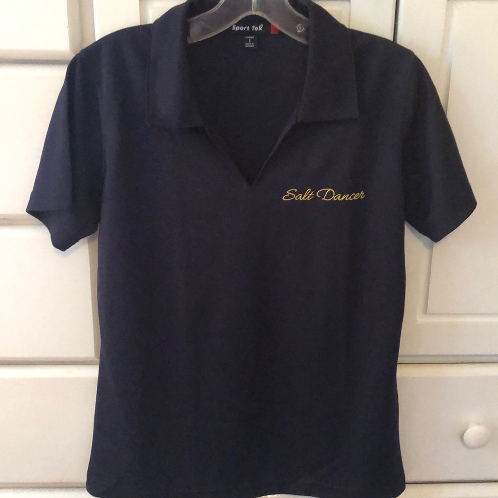 “Salt Dancer”Navy Sport Tek V-neck tee from mega yacht